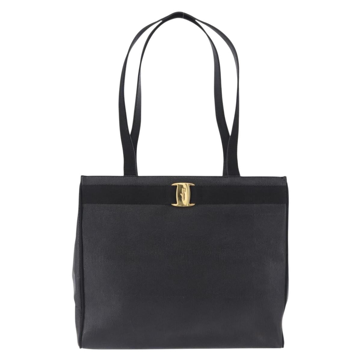 Salvatore Ferragamo Vala Ribbon Tote Bag Leather Black Gold Tone Auth ka5406A