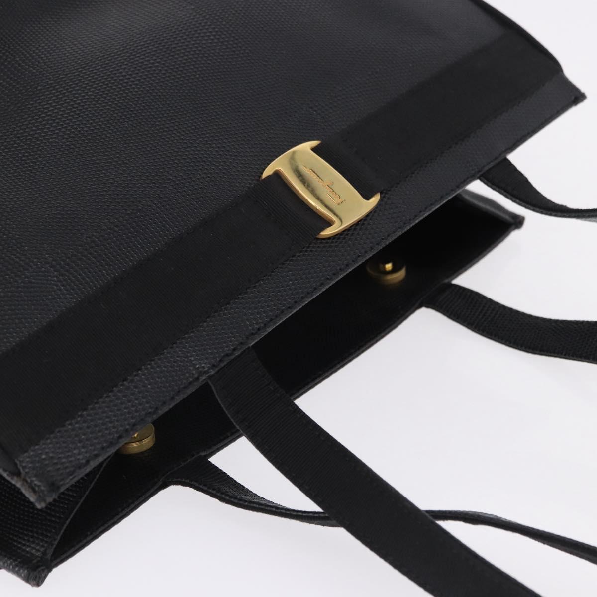 Salvatore Ferragamo Vala Ribbon Tote Bag Leather Black Gold Tone Auth ka5406A