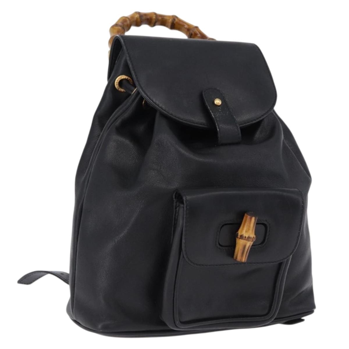 GUCCI Bamboo Backpack Leather Black Gold Tone 003 1705 0030 Auth ka5411A