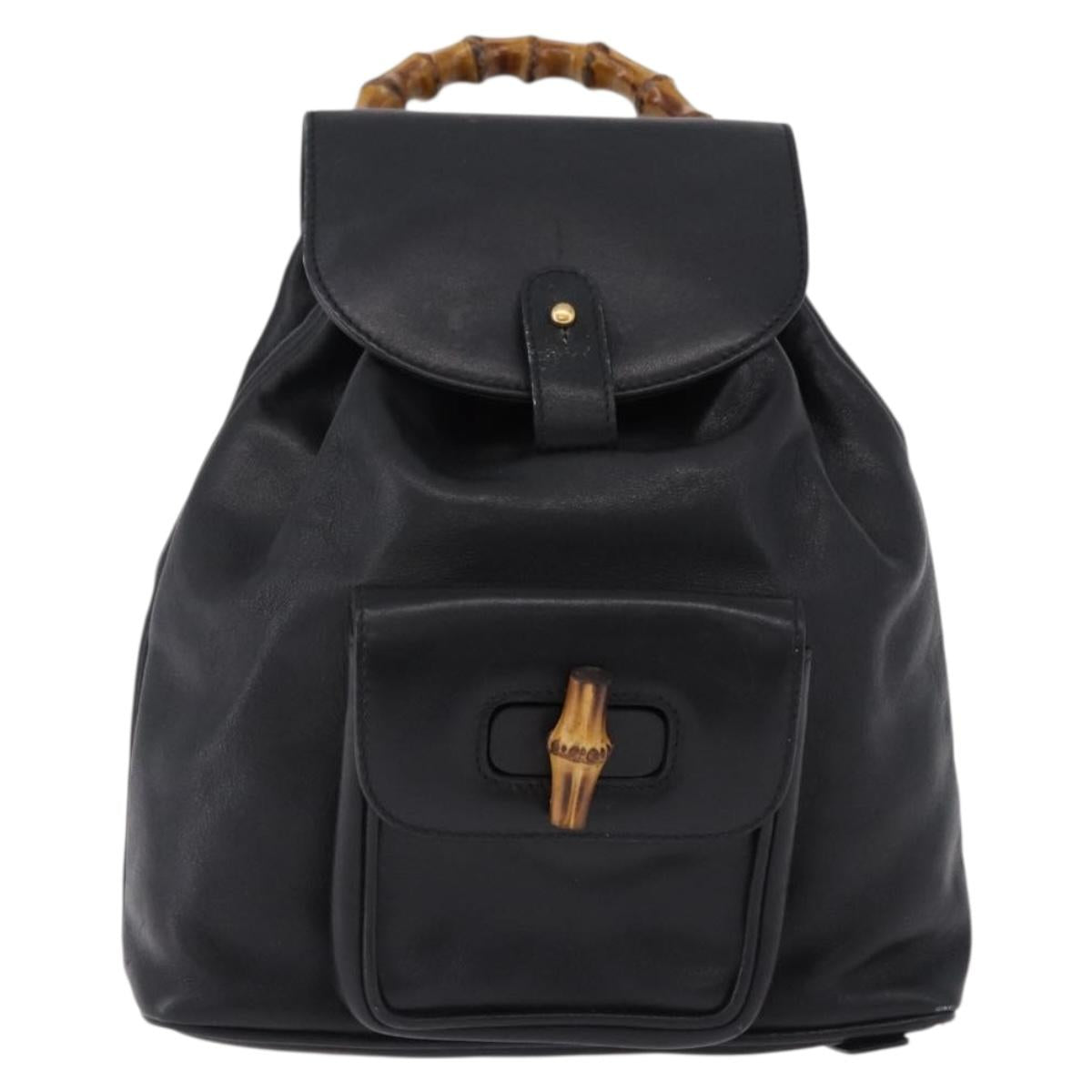 GUCCI Bamboo Backpack Leather Black Gold Tone 003 1705 0030 Auth ka5411A