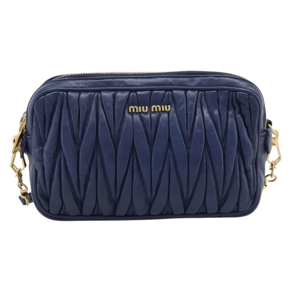 Miu Miu Matelasse Shoulder Bag Leather Blue Gold Tone Auth ka5412A
