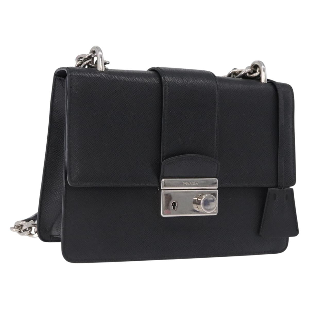 PRADA Chain Shoulder Bag Safiano leather Black Silver Auth ka5415