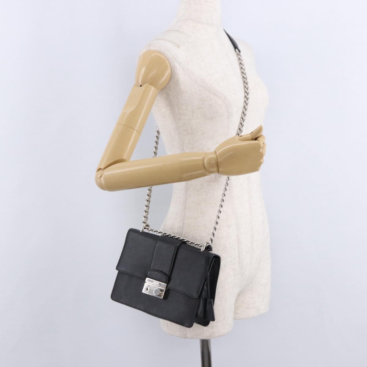 PRADA Chain Shoulder Bag Safiano leather Black Silver Auth ka5415