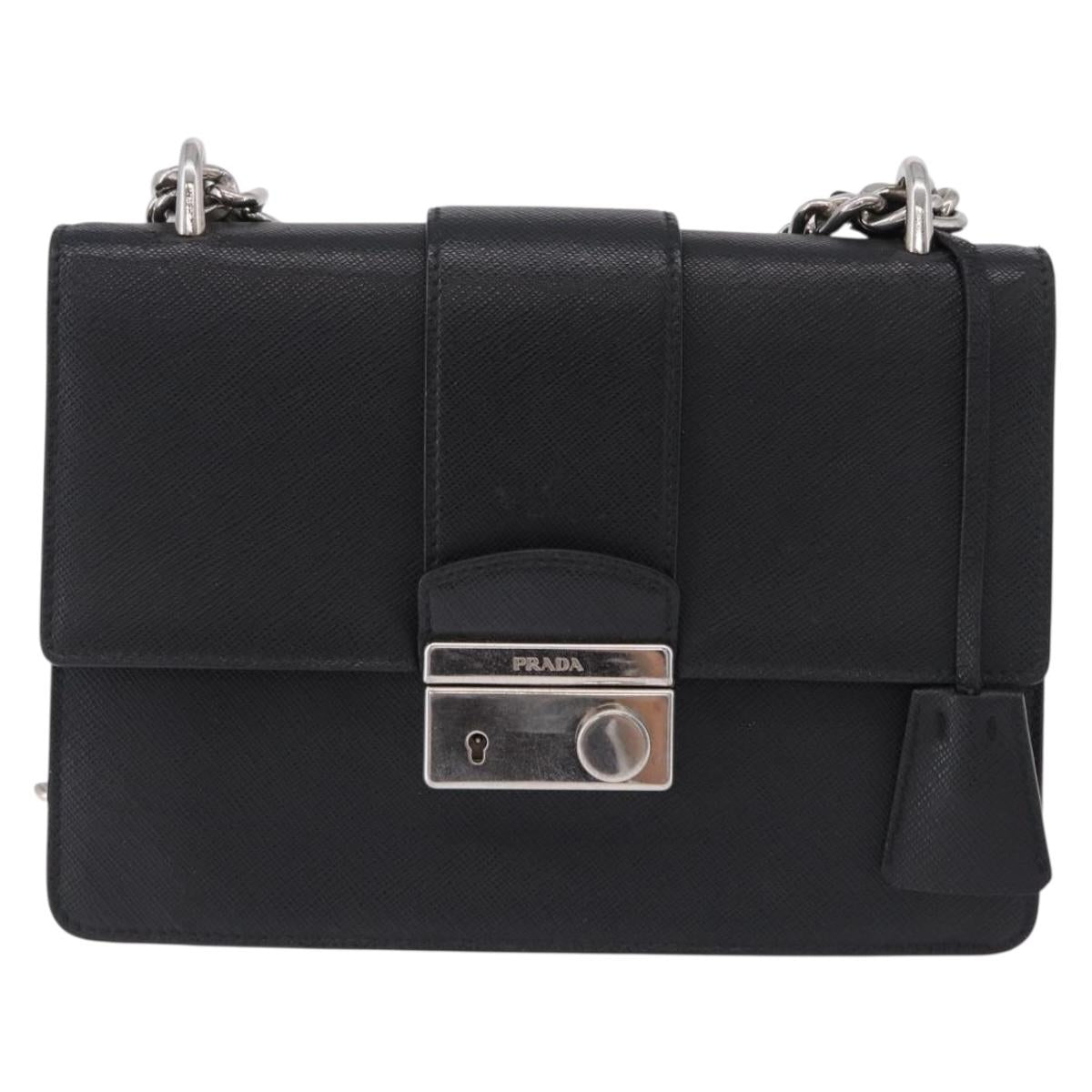 PRADA Chain Shoulder Bag Safiano leather Black Silver Auth ka5415