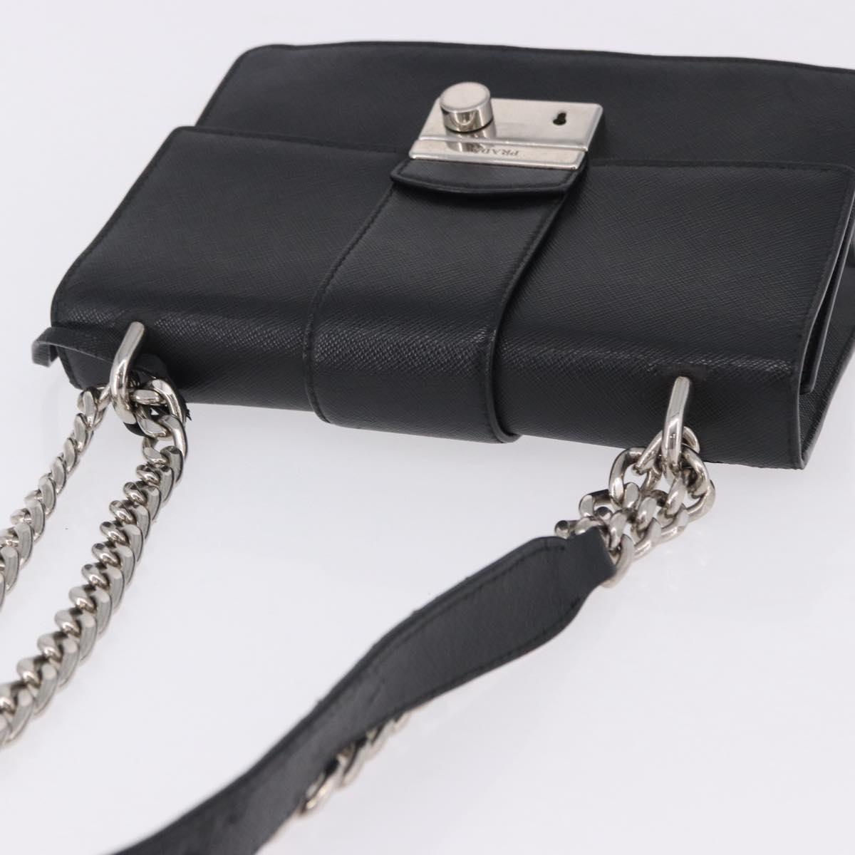 PRADA Chain Shoulder Bag Safiano leather Black Silver Auth ka5415