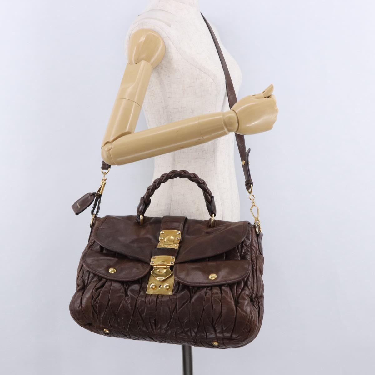 Miu Miu Matelasse Hand Bag Leather 2way Brown Gold Tone Auth ka5417