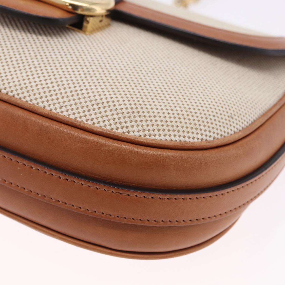 CELINE Chain Shoulder Bag Canvas Beige Gold Tone Auth ka5419V