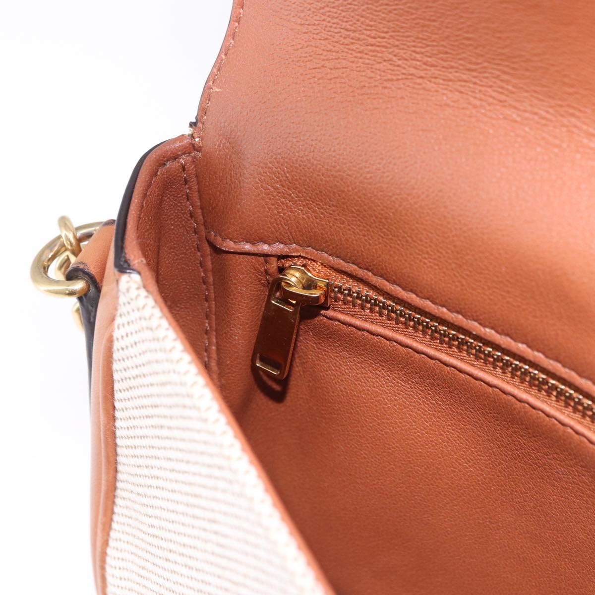 CELINE Chain Shoulder Bag Canvas Beige Gold Tone Auth ka5419V
