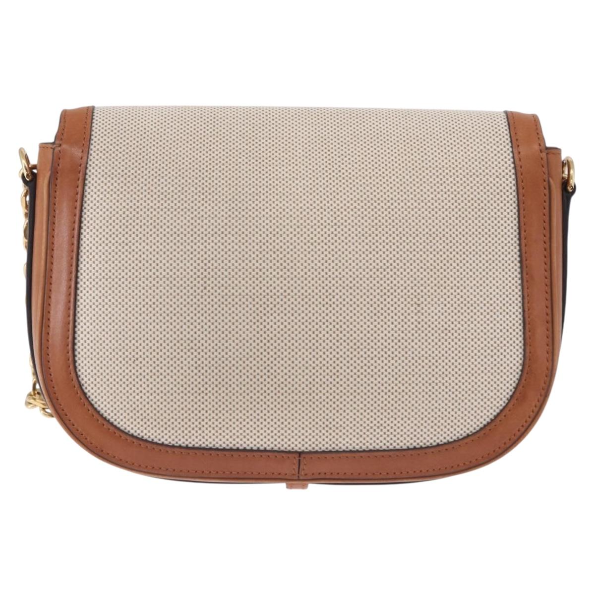CELINE Chain Shoulder Bag Canvas Beige Gold Tone Auth ka5419V