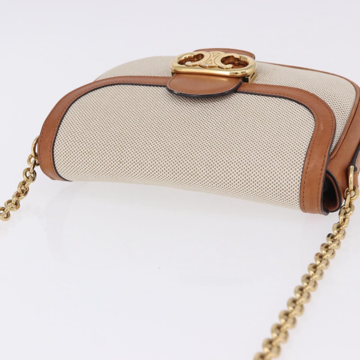 CELINE Chain Shoulder Bag Canvas Beige Gold Tone Auth ka5419V