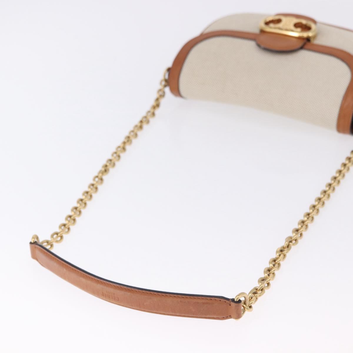 CELINE Chain Shoulder Bag Canvas Beige Gold Tone Auth ka5419V