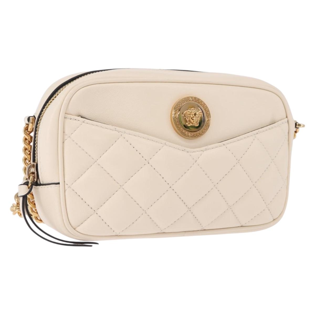 VERSACE Chain Shoulder Bag Leather Ivory Gold Tone Auth ka5420V