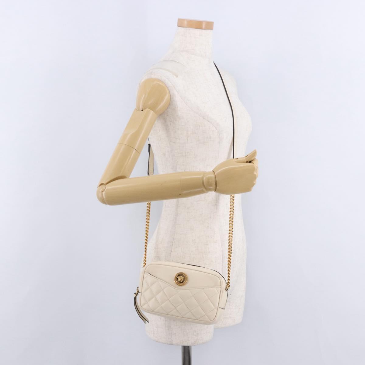 VERSACE Chain Shoulder Bag Leather Ivory Gold Tone Auth ka5420V
