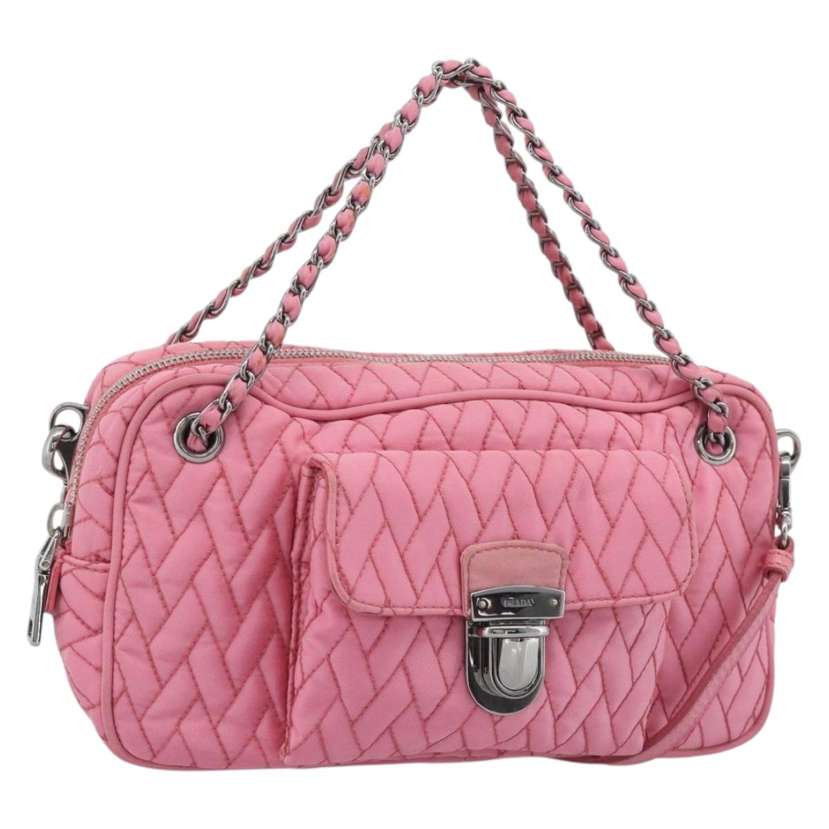 PRADA Chain Hand Bag Nylon 2way Pink Silver Auth ka5423A