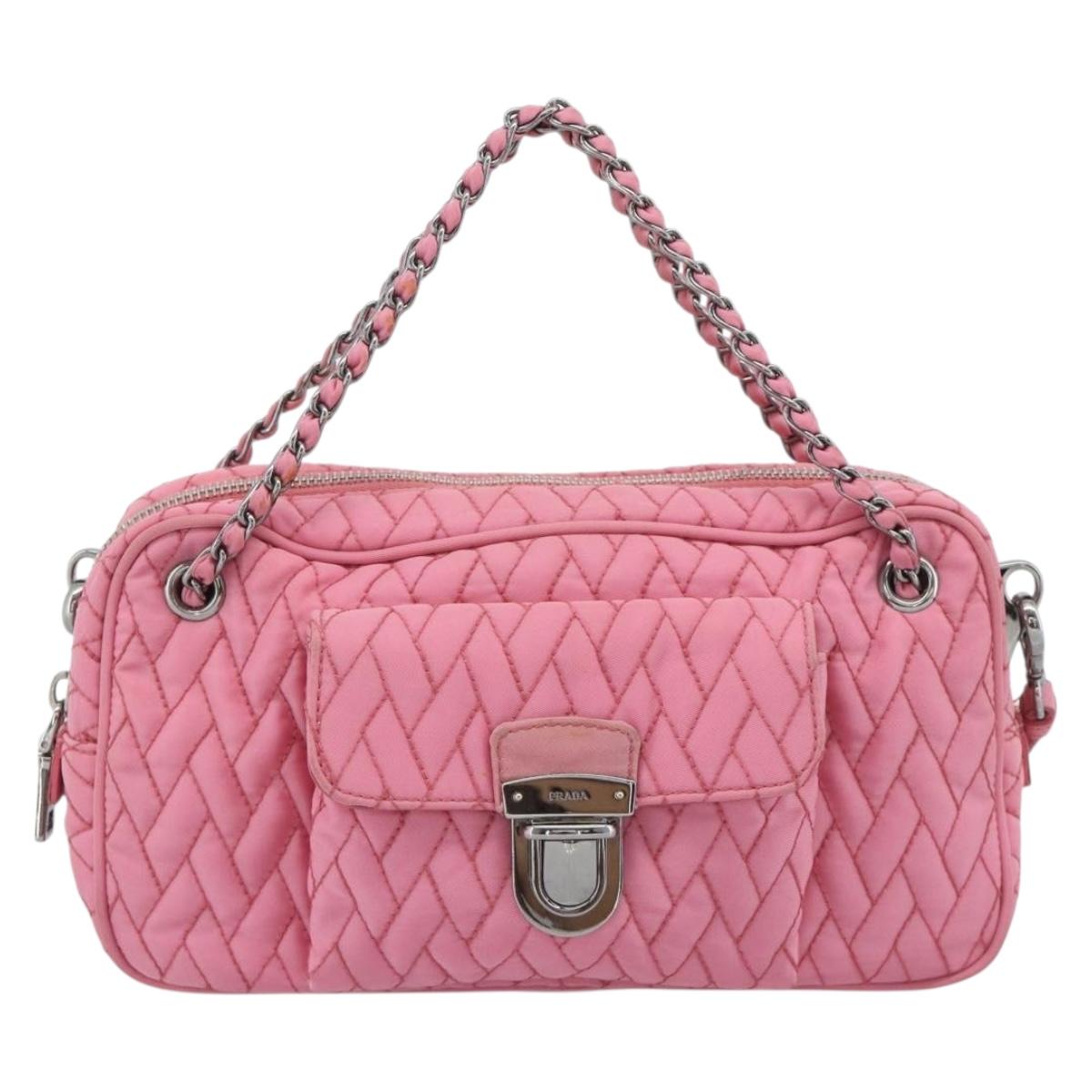 PRADA Chain Hand Bag Nylon 2way Pink Silver Auth ka5423A
