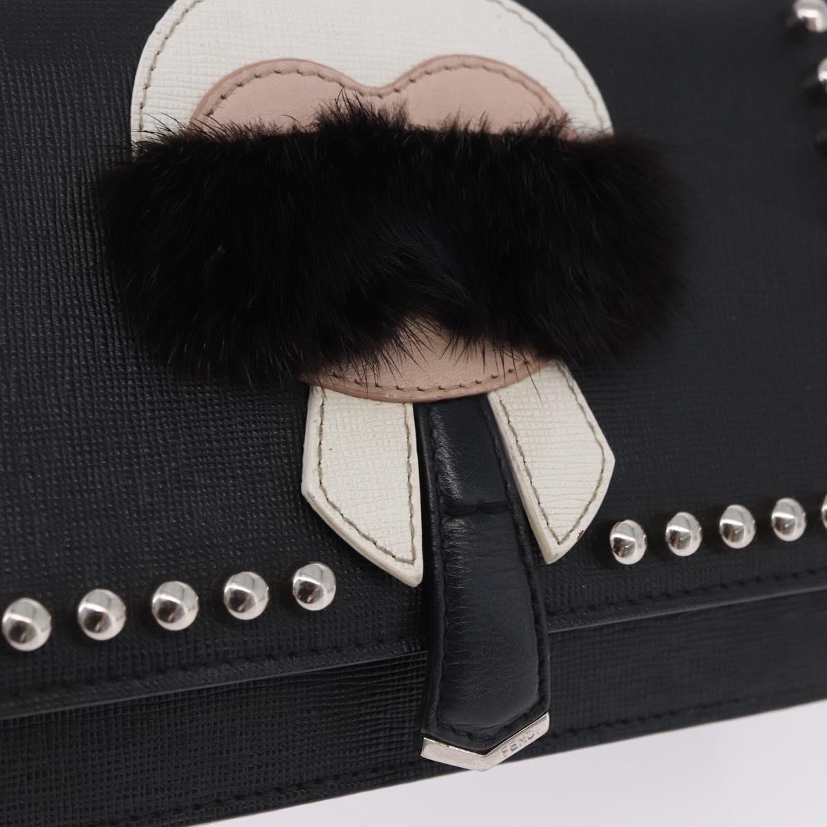 FENDI Karito Chain Shoulder Wallet Leather Black Silver 8M0346 Auth ka5424V