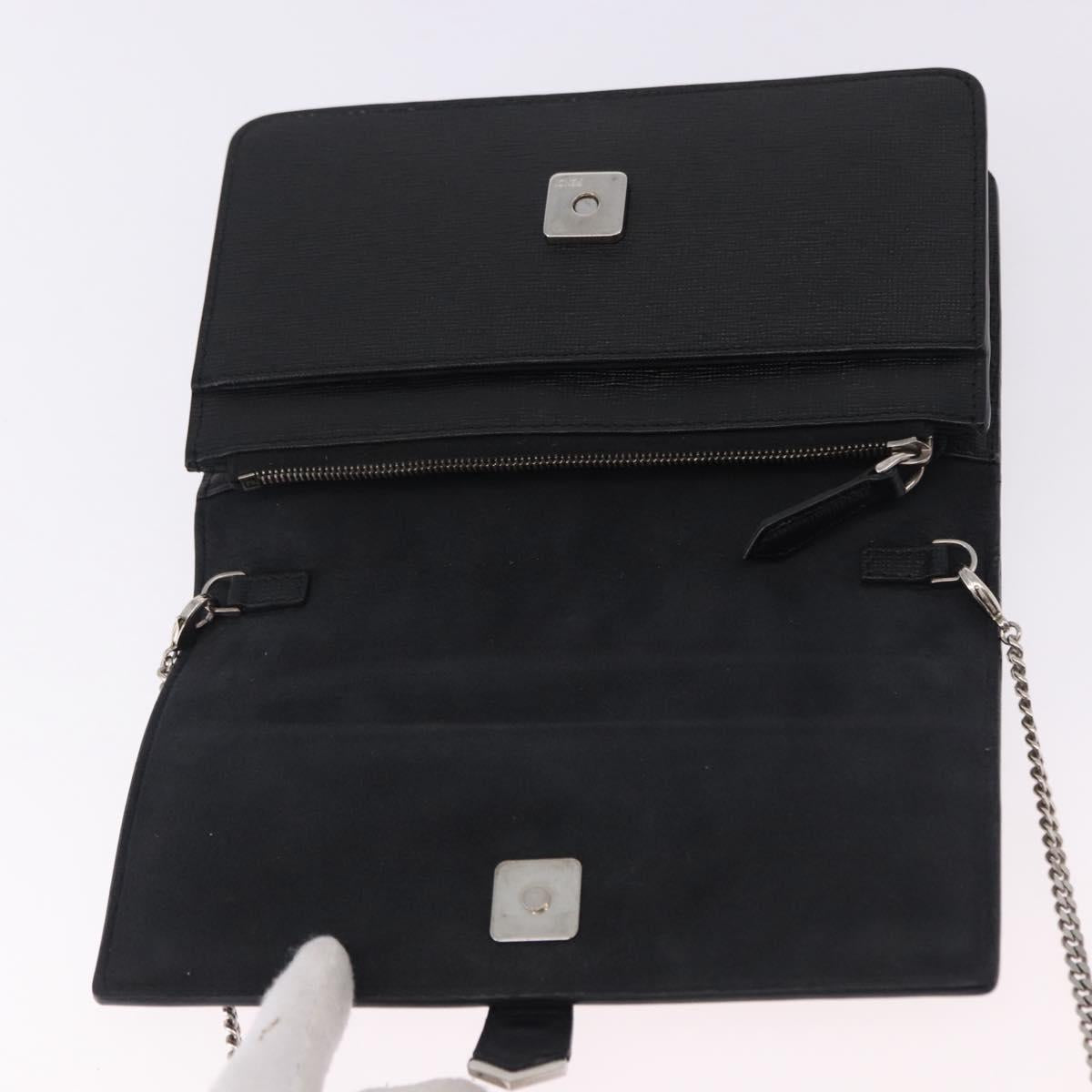 FENDI Karito Chain Shoulder Wallet Leather Black Silver 8M0346 Auth ka5424V