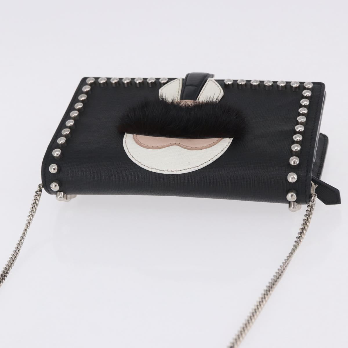 FENDI Karito Chain Shoulder Wallet Leather Black Silver 8M0346 Auth ka5424V