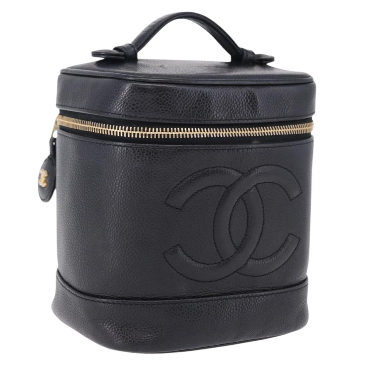 CHANEL COCO Mark Vanity Cosmetic Pouch Caviar Skin Black Gold CC Auth ka5432