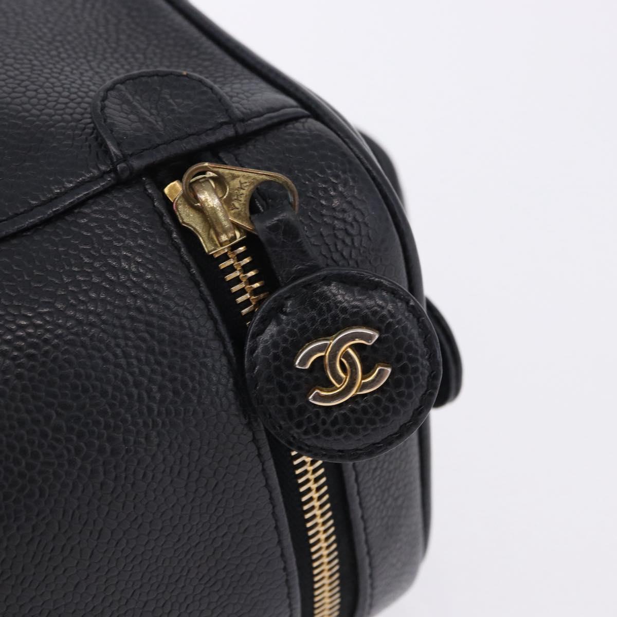 CHANEL COCO Mark Vanity Cosmetic Pouch Caviar Skin Black Gold CC Auth ka5432