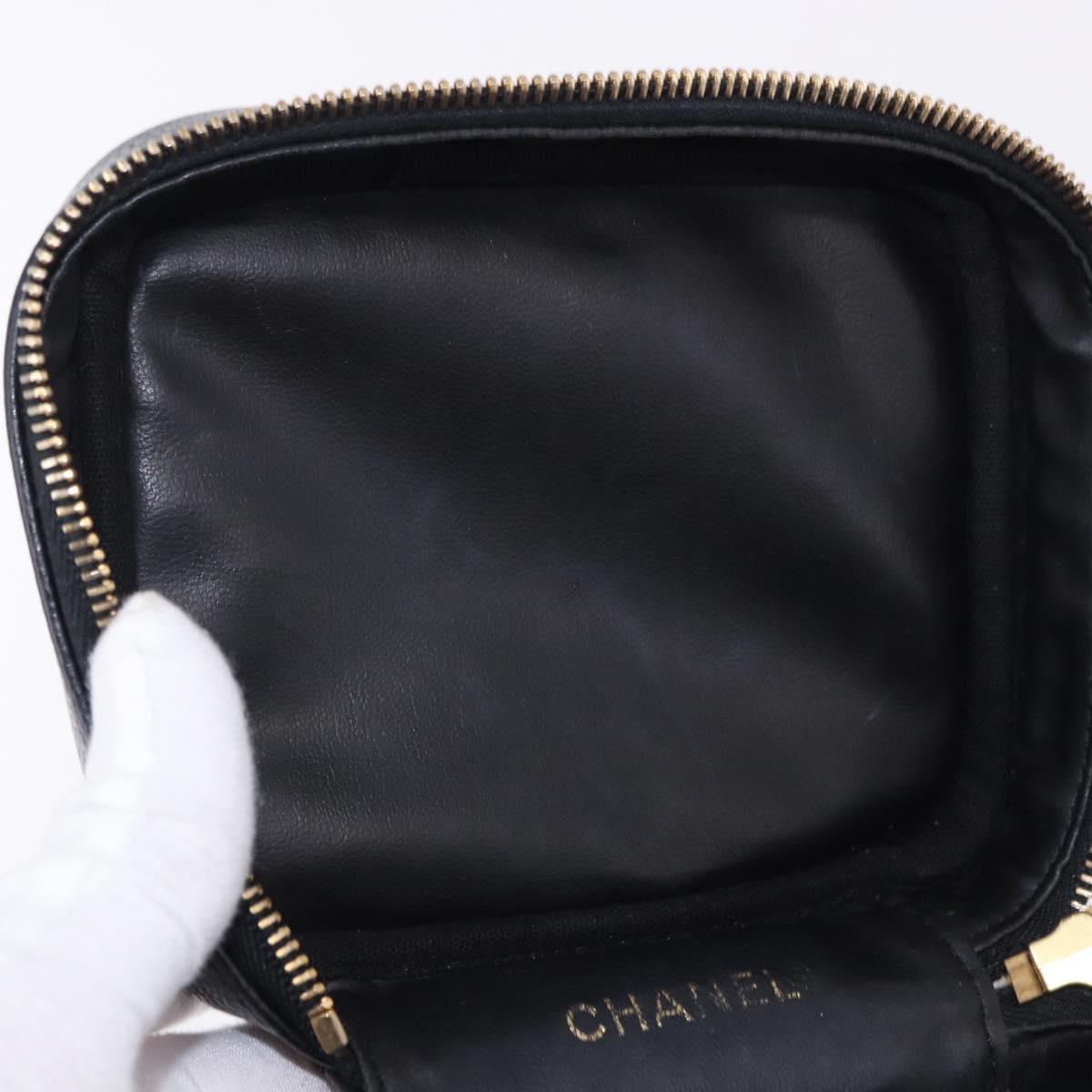 CHANEL COCO Mark Vanity Cosmetic Pouch Caviar Skin Black Gold CC Auth ka5432