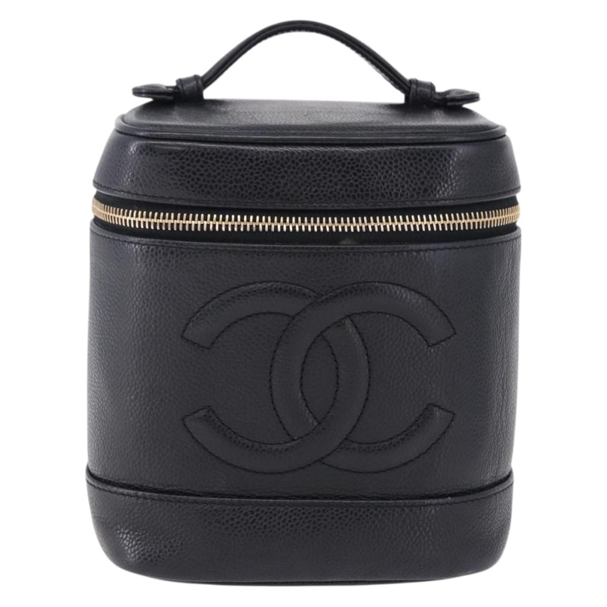 CHANEL COCO Mark Vanity Cosmetic Pouch Caviar Skin Black Gold CC Auth ka5432