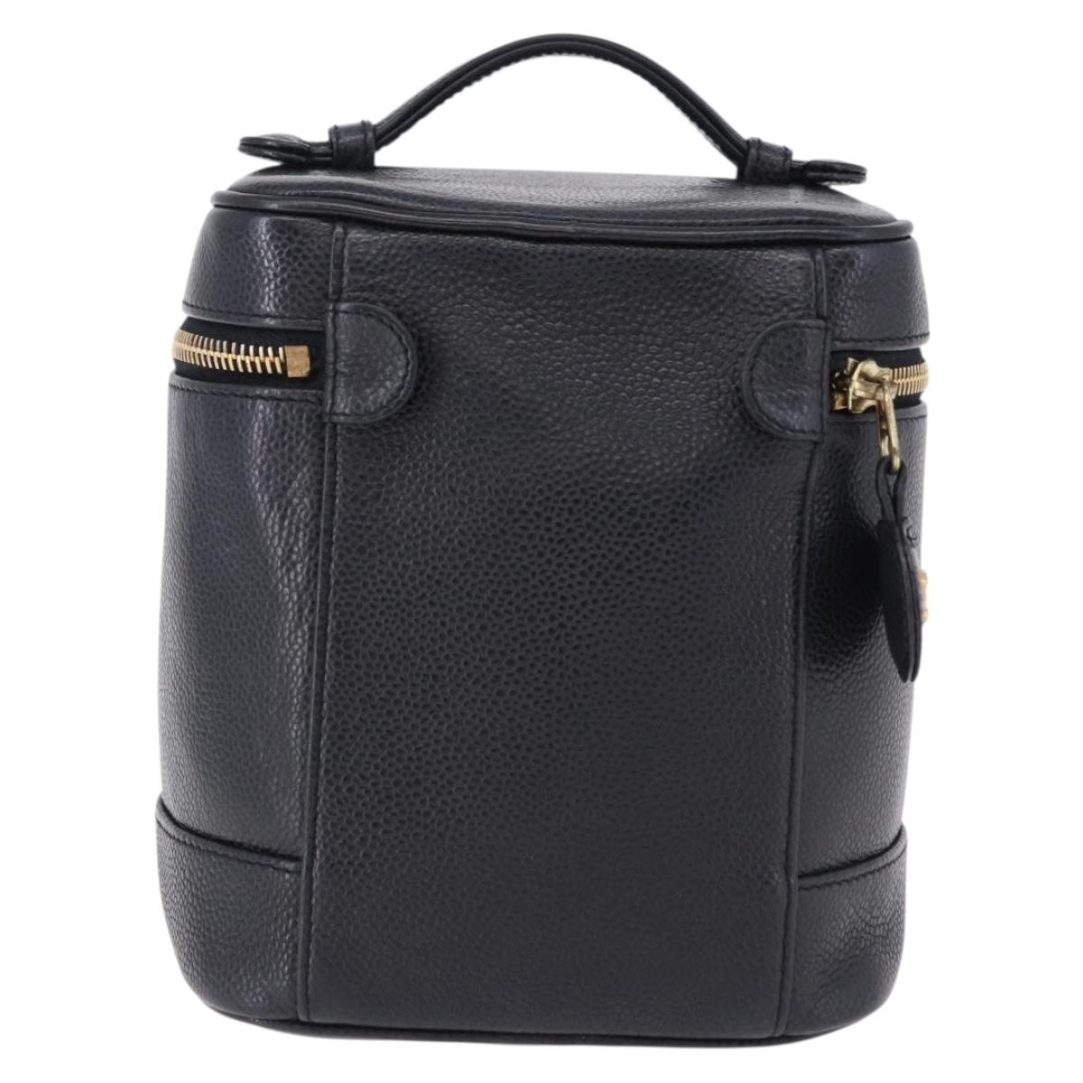 CHANEL COCO Mark Vanity Cosmetic Pouch Caviar Skin Black Gold CC Auth ka5432
