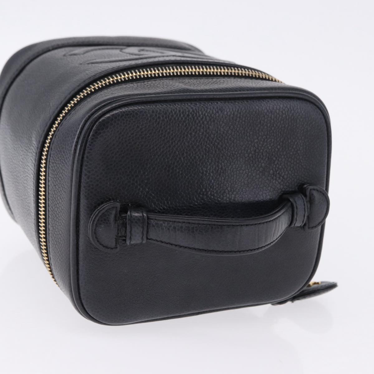 CHANEL COCO Mark Vanity Cosmetic Pouch Caviar Skin Black Gold CC Auth ka5432