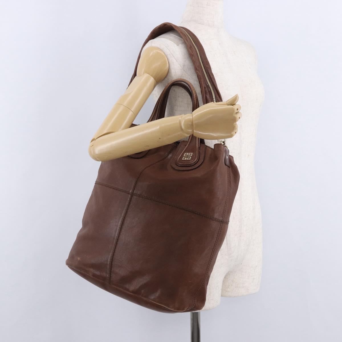GIVENCHY Hand Bag Leather 2way Brown Gold Tone Auth ka5437