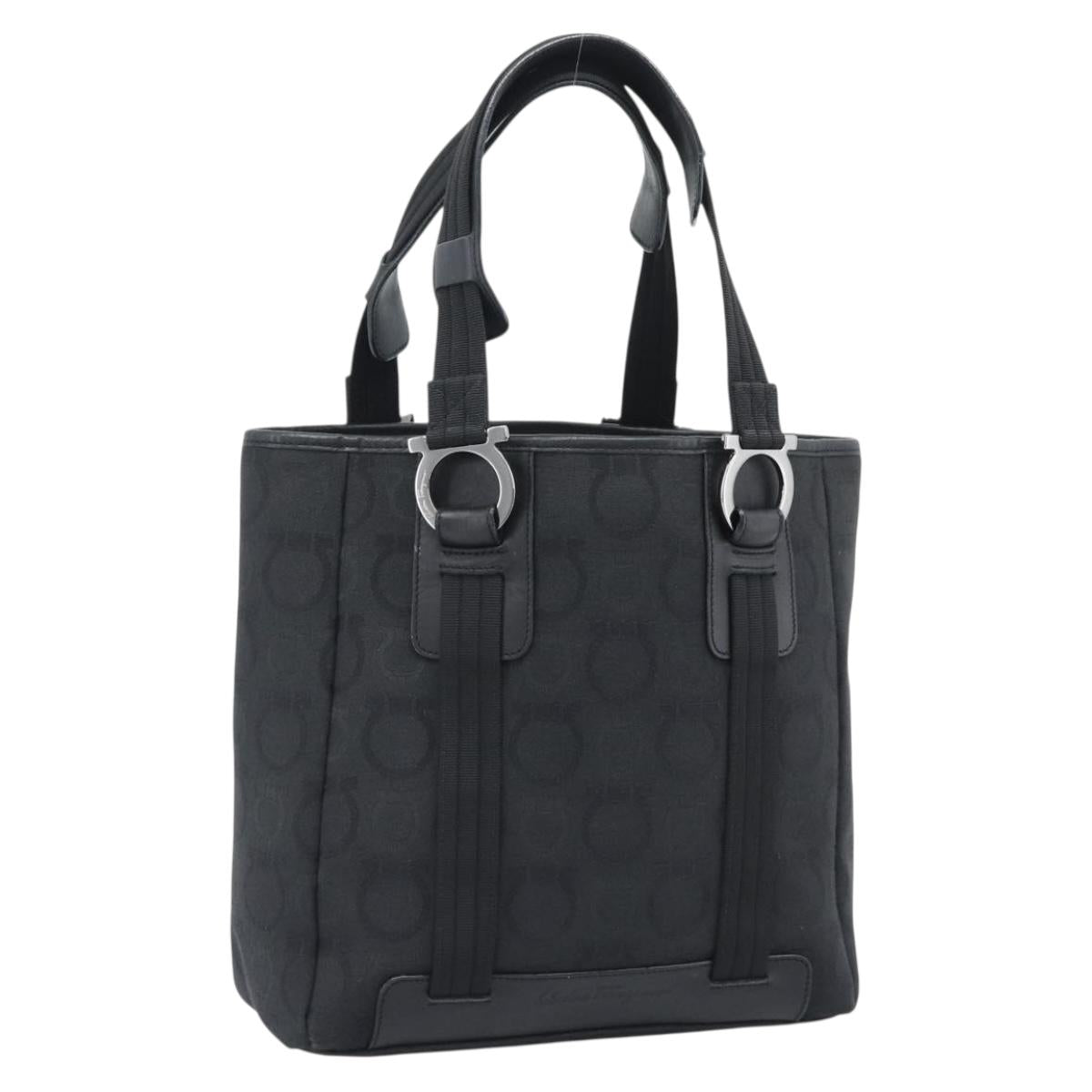 Salvatore Ferragamo Gancini Hand Bag Canvas Black Silver Auth ka5438