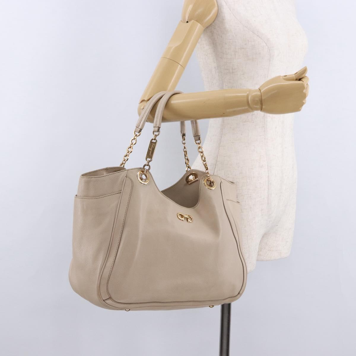 Salvatore Ferragamo Gancini Hand Bag Leather Beige Gold Tone Auth ka5439