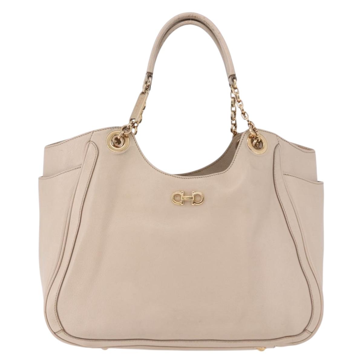 Salvatore Ferragamo Gancini Hand Bag Leather Beige Gold Tone Auth ka5439