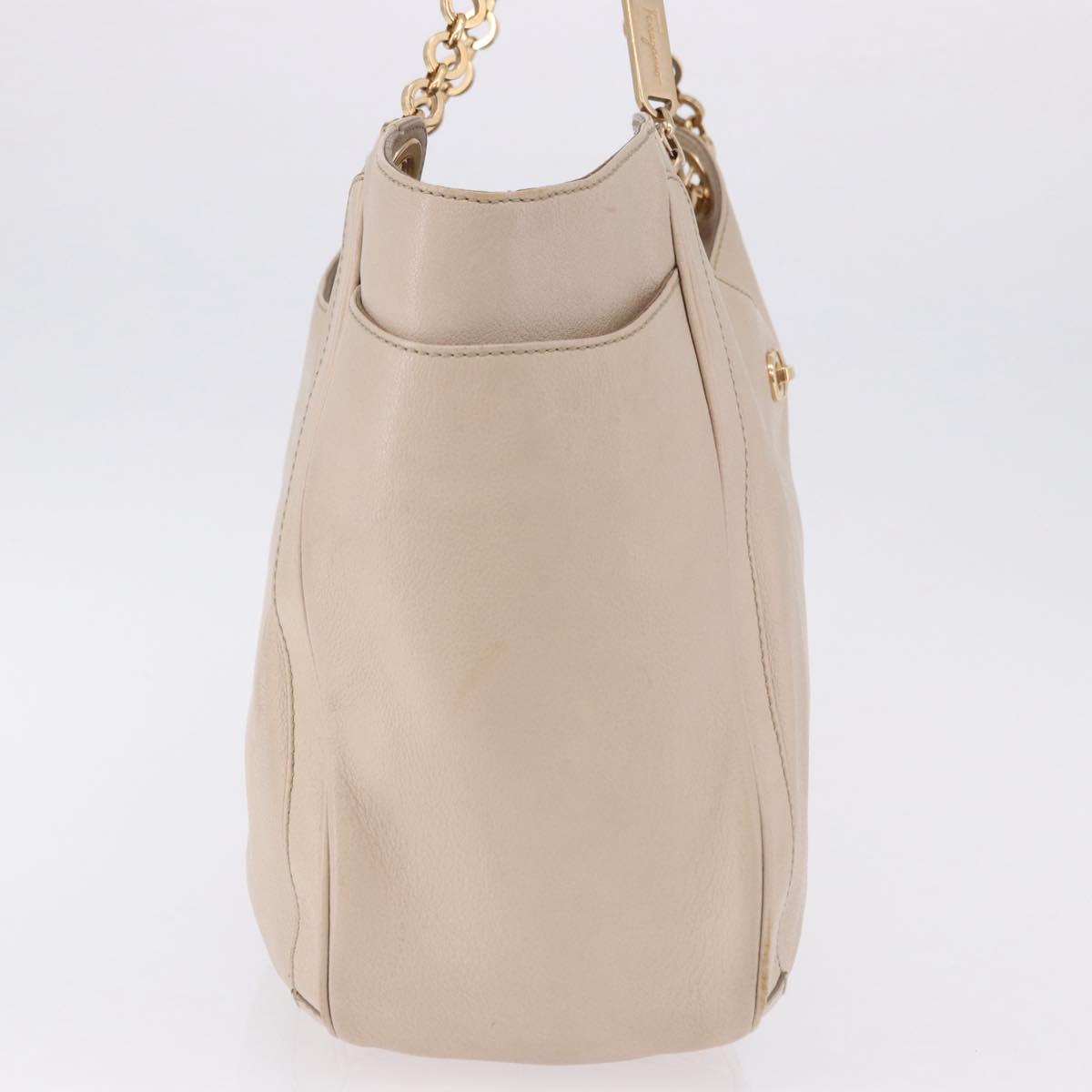 Salvatore Ferragamo Gancini Hand Bag Leather Beige Gold Tone Auth ka5439