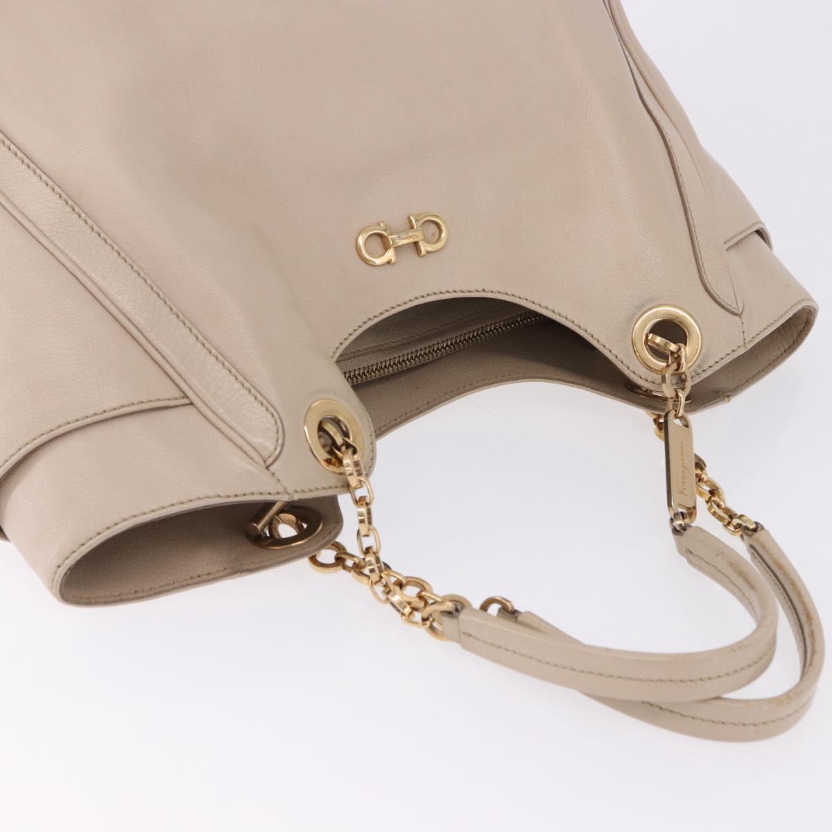 Salvatore Ferragamo Gancini Hand Bag Leather Beige Gold Tone Auth ka5439