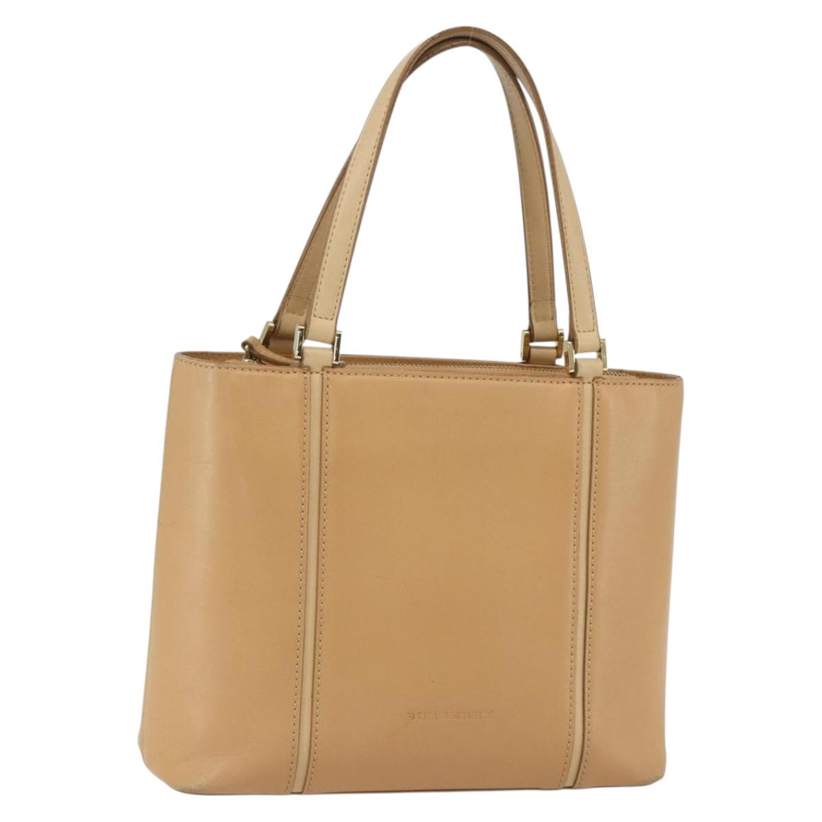 BURBERRY Hand Bag Leather Beige Gold Auth ka544