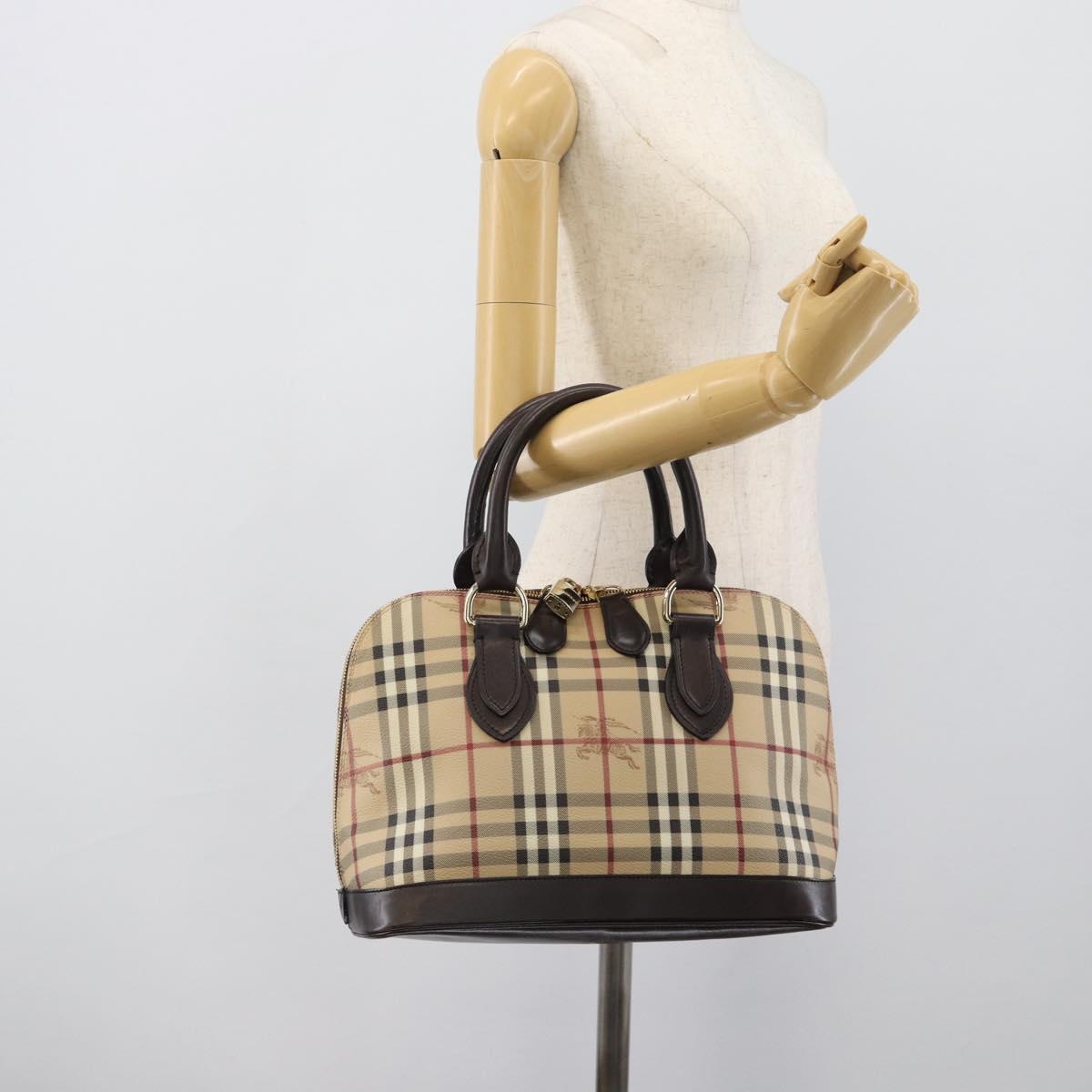 BURBERRY Nova Check Hand Bag PVC Leather Beige Gold Tone Auth ka5443V