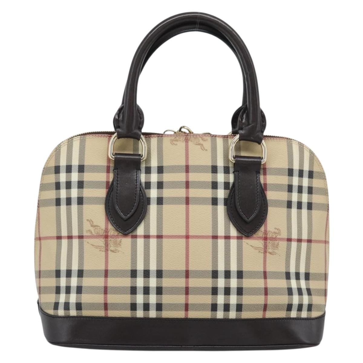 BURBERRY Nova Check Hand Bag PVC Leather Beige Gold Tone Auth ka5443V