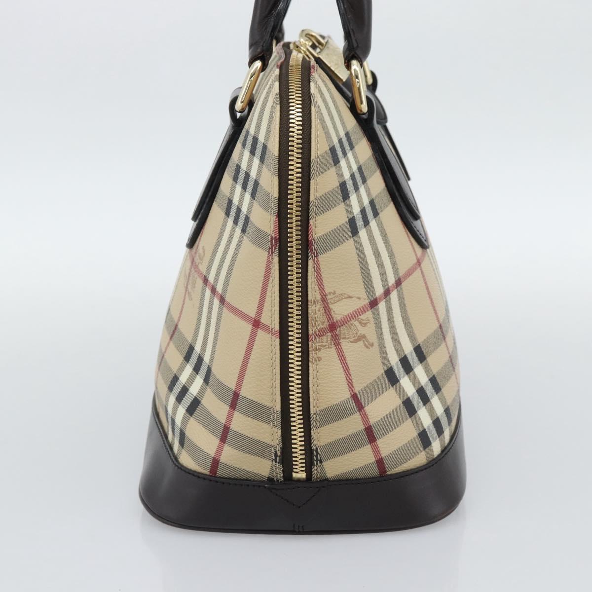 BURBERRY Nova Check Hand Bag PVC Leather Beige Gold Tone Auth ka5443V