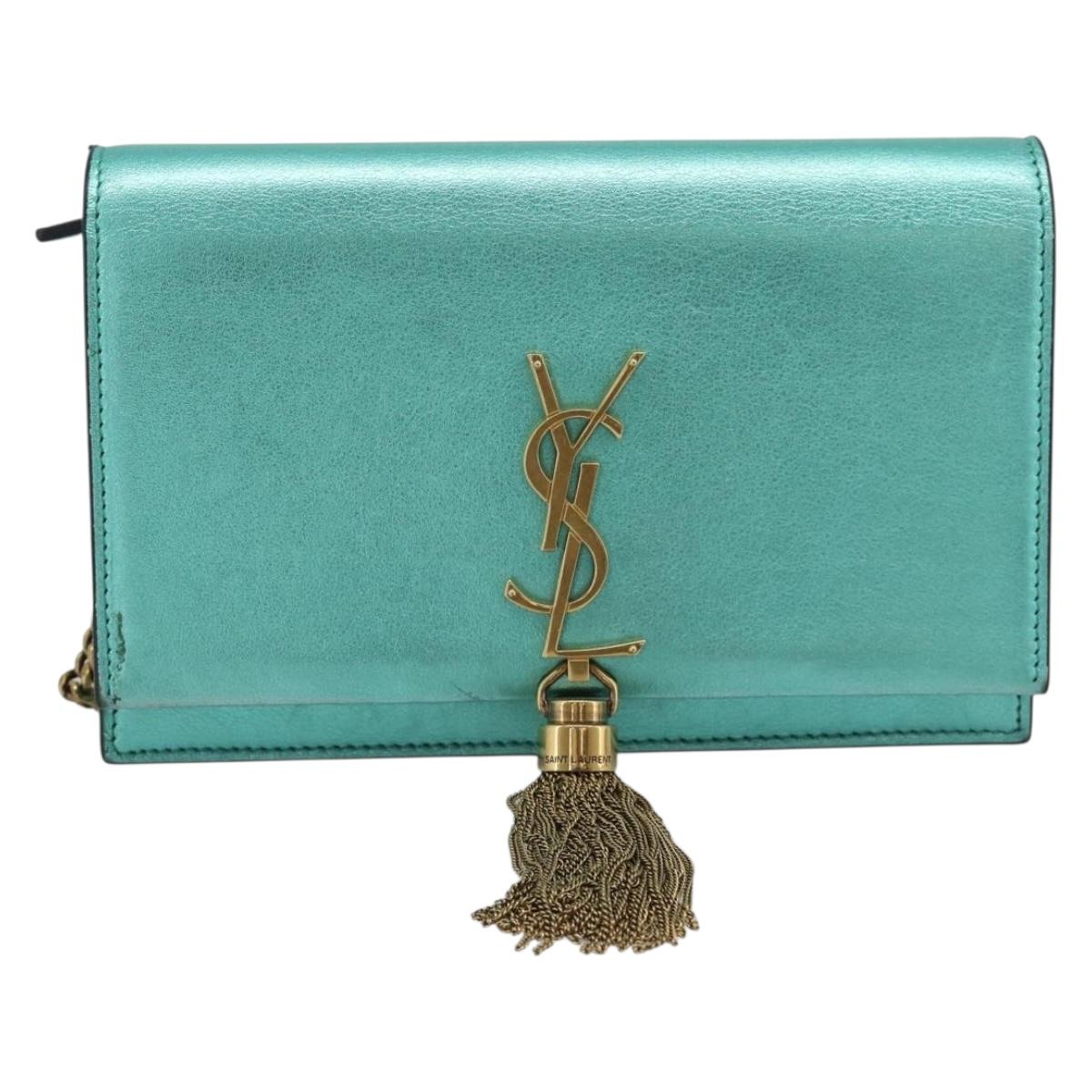 SAINT LAURENT Chain Shoulder Wallet Leather Green Gold Tone 452159 Auth ka5455V