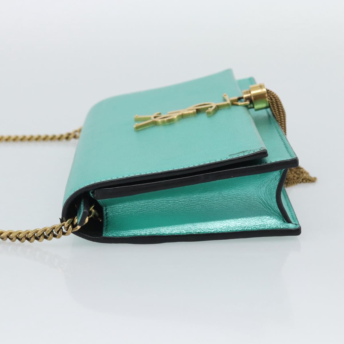 SAINT LAURENT Chain Shoulder Wallet Leather Green Gold Tone 452159 Auth ka5455V