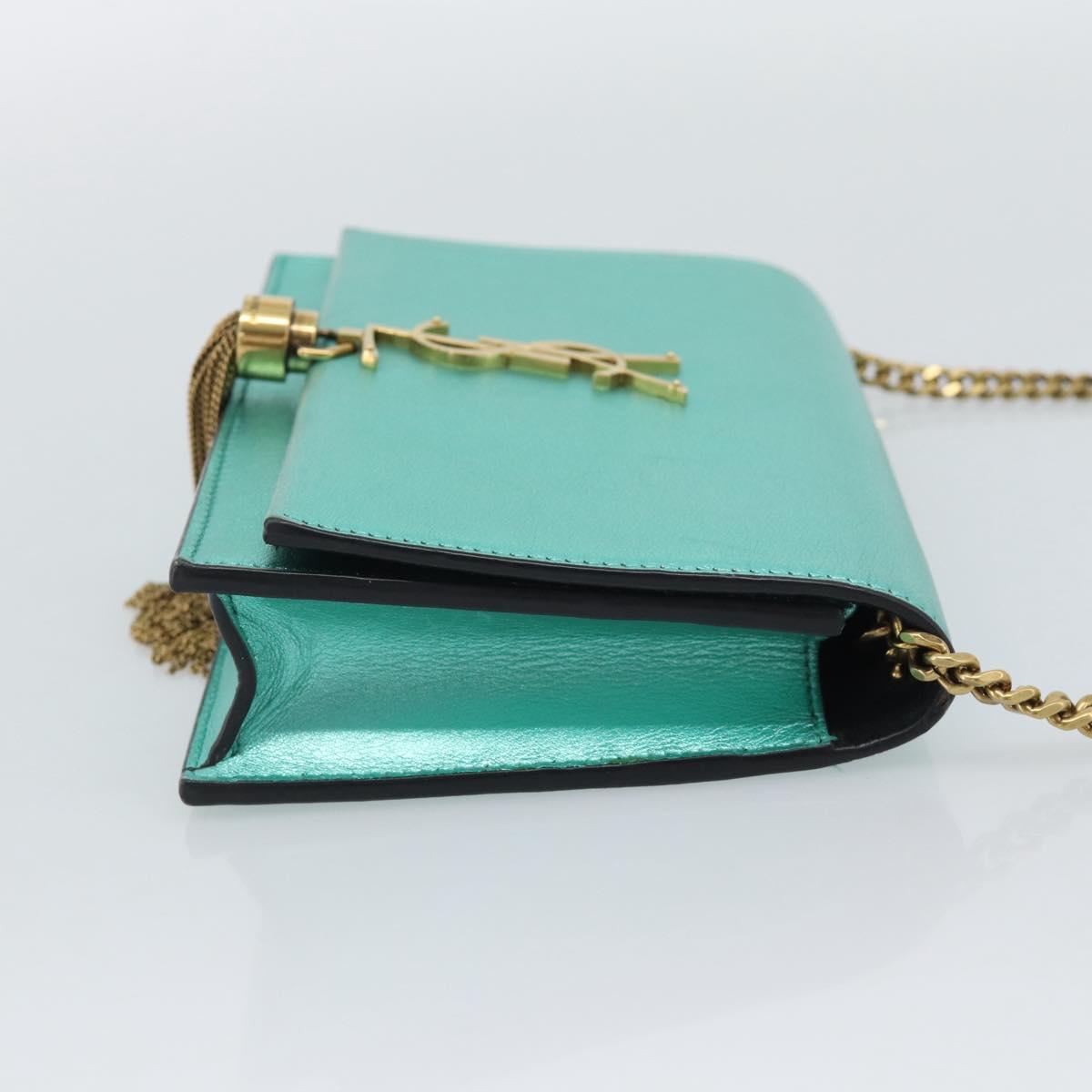 SAINT LAURENT Chain Shoulder Wallet Leather Green Gold Tone 452159 Auth ka5455V