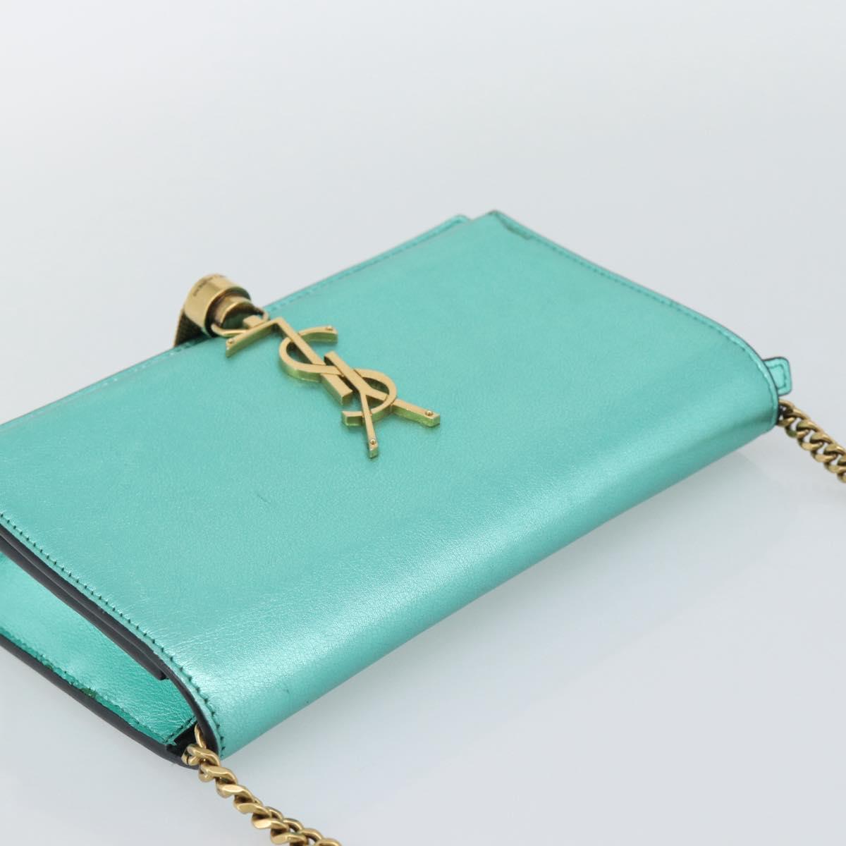SAINT LAURENT Chain Shoulder Wallet Leather Green Gold Tone 452159 Auth ka5455V
