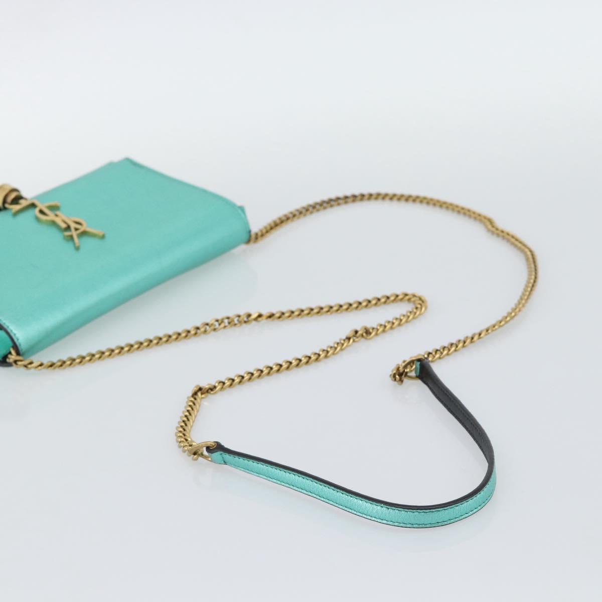 SAINT LAURENT Chain Shoulder Wallet Leather Green Gold Tone 452159 Auth ka5455V