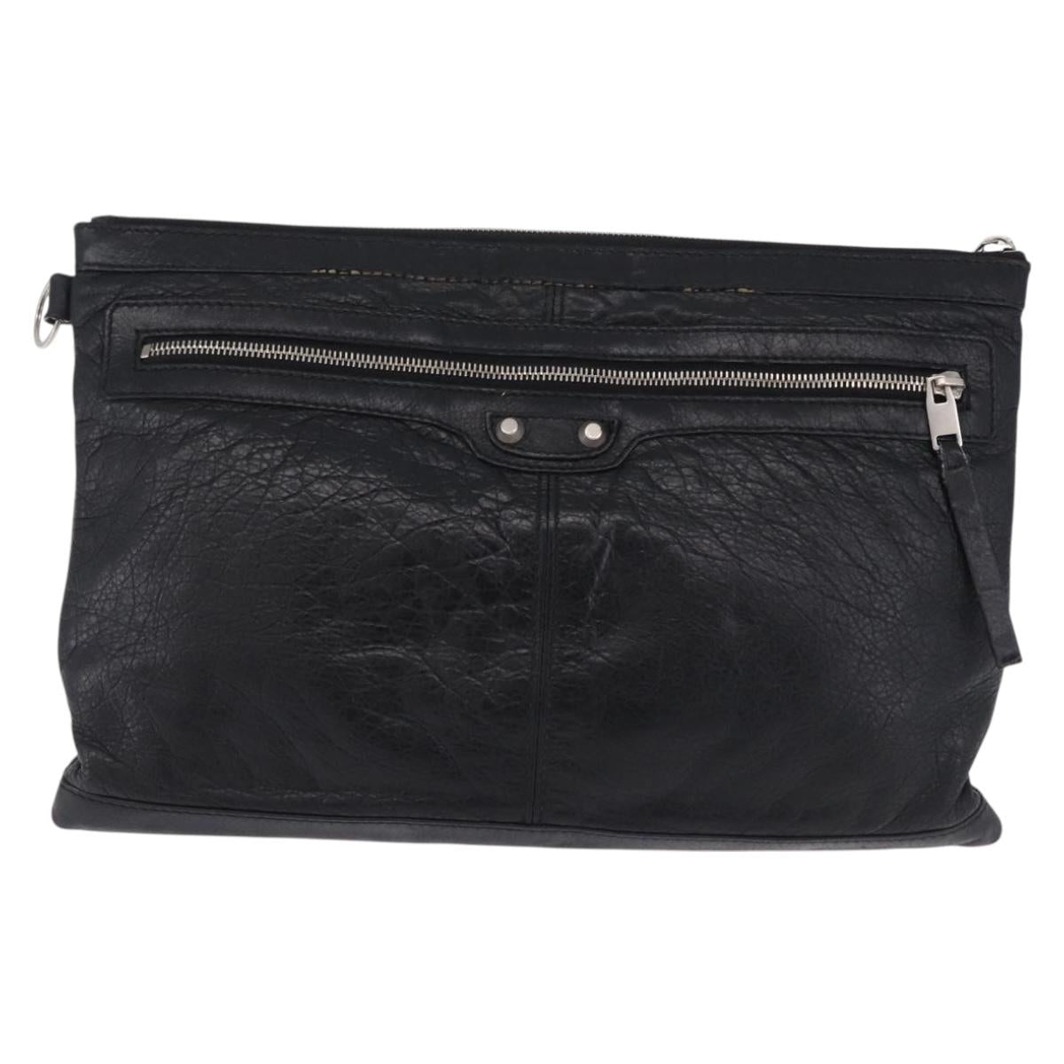 BALENCIAGA Classic Clip L Clutch Bag Leather Black Silver 273023 Auth ka5461