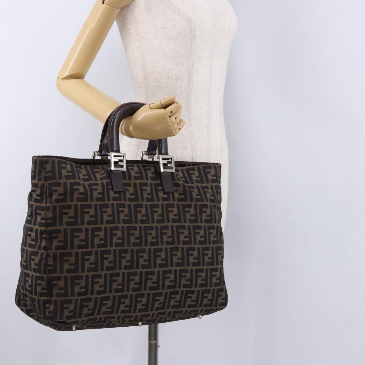 FENDI Zucca Canvas Hand Bag Brown Silver Auth ka5463A