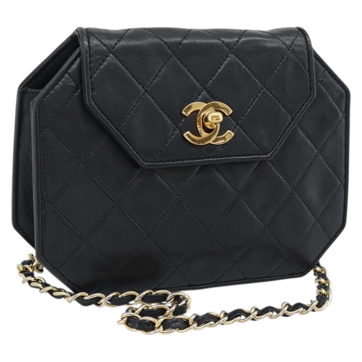 CHANEL Matelasse Chain Shoulder Bag Lamb Skin Black Gold Tone CC Auth ka5472V