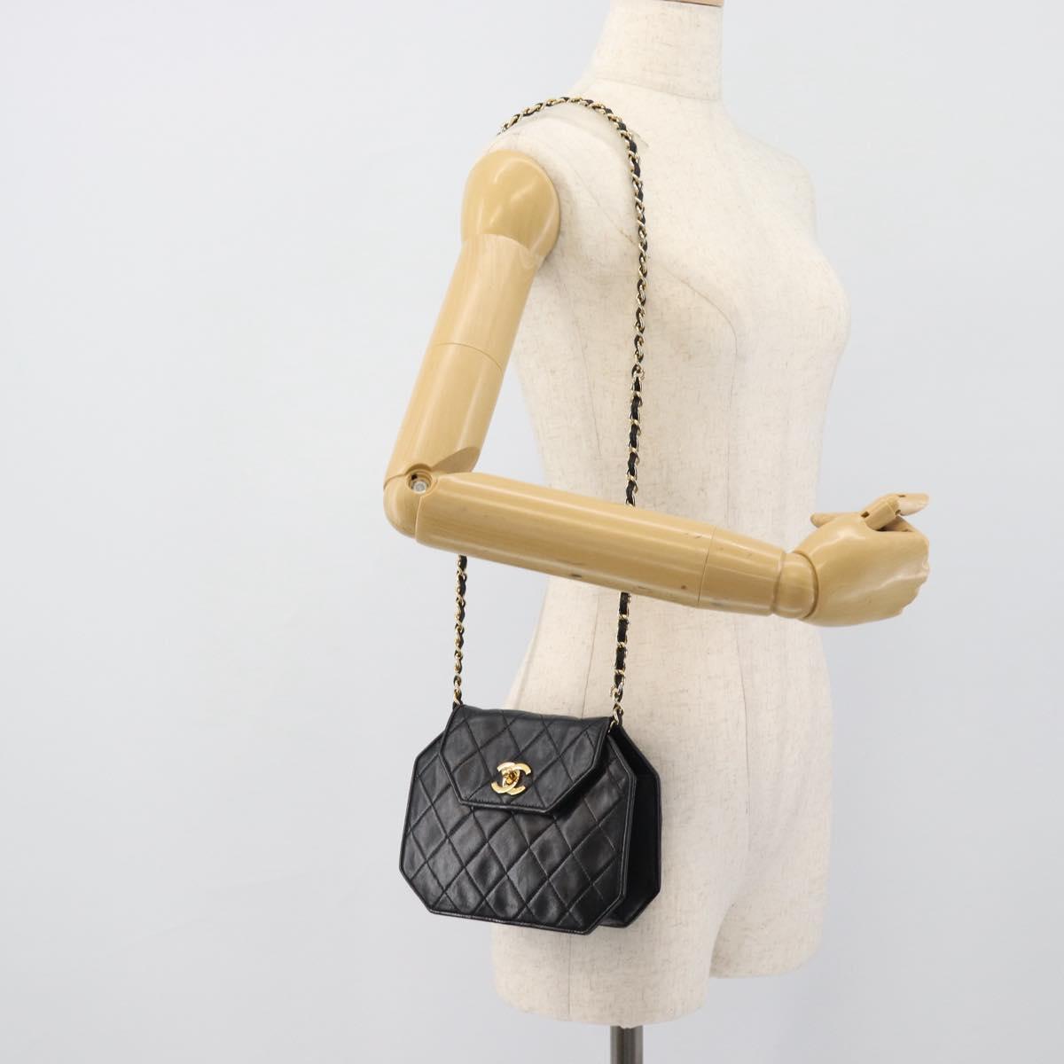 CHANEL Matelasse Chain Shoulder Bag Lamb Skin Black Gold Tone CC Auth ka5472V