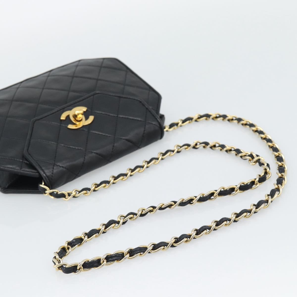 CHANEL Matelasse Chain Shoulder Bag Lamb Skin Black Gold Tone CC Auth ka5472V