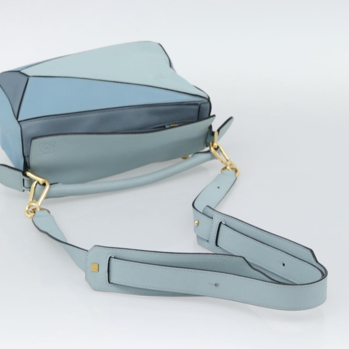 LOEWE Puzzle Small Hand Bag Leather 2way Light Blue Gold Tone Auth ka5477V
