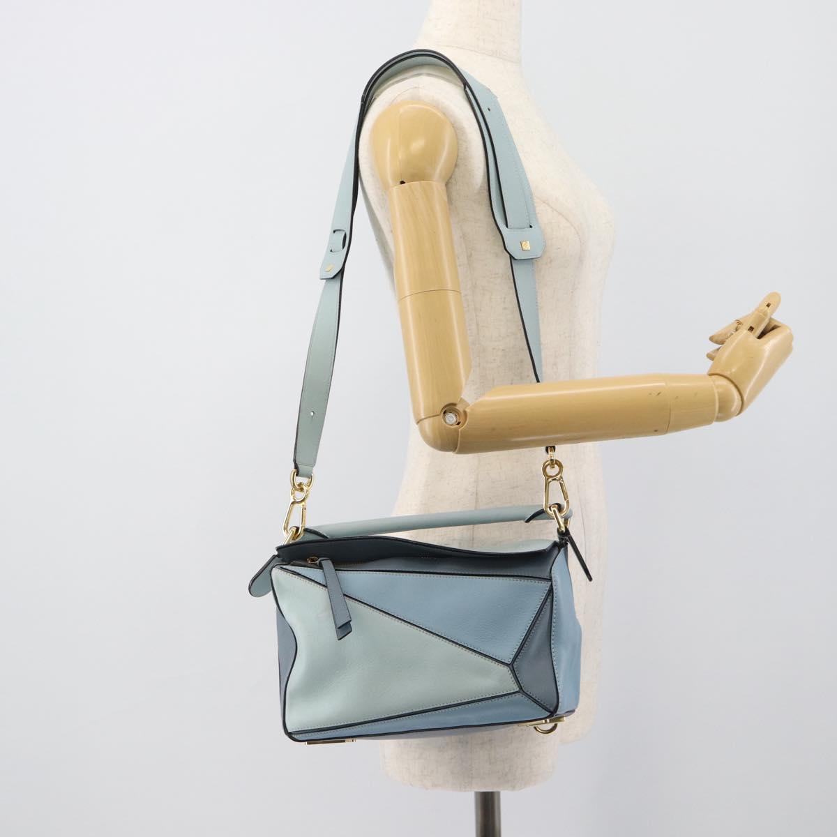 LOEWE Puzzle Small Hand Bag Leather 2way Light Blue Gold Tone Auth ka5477V